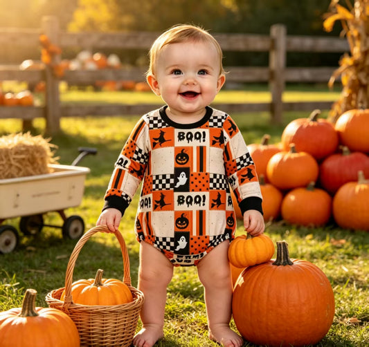 NO MOQ RTS LR3239 (2) Baby Clothes Halloween Ghost Pumpkin Patchwork Mixed Print Long Sleeve Bubble Romper 202609
