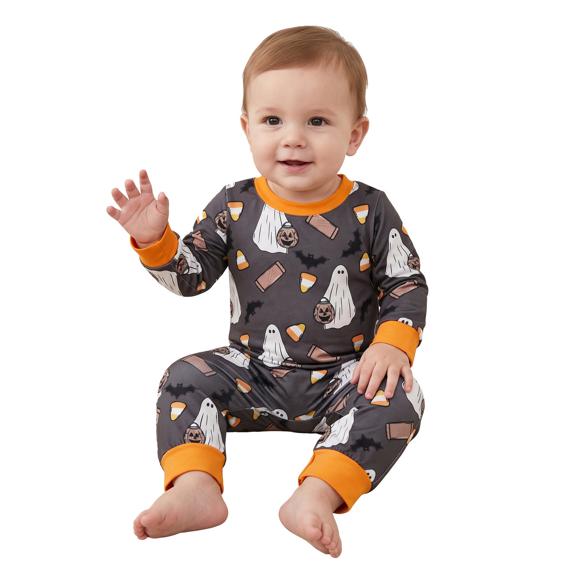NO MOQ RTS GLD0753 Halloween Print Baby Boy Girl Romper Cozy Ghost Bat 1Pc Sleepwear