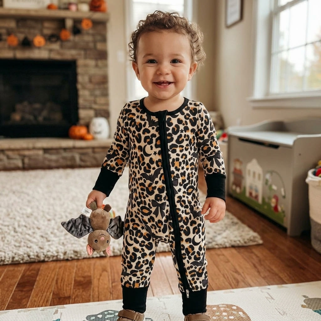 NO MOQ RTS LR3242 (2) Baby Girl Clothes Leopard Bat Moon Bow Print Long Sleeve Zipper Romper 202609