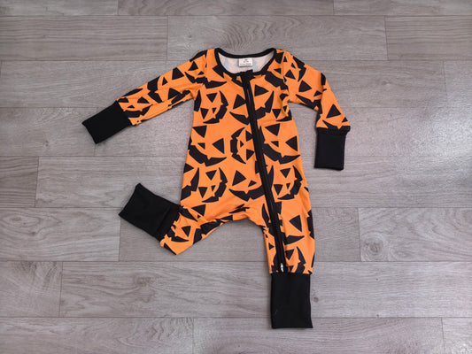 RTS LR3243 Halloween Pumpkin Face Print Zipper Baby Romper