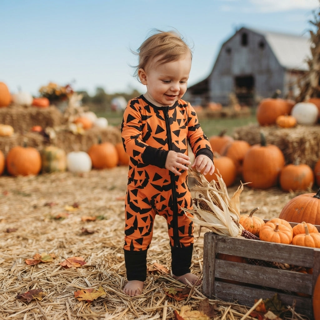 NO MOQ RTS LR3243 Baby Clothes Pumpkin Face Allover Print Long Sleeve Zipper Romper 202610