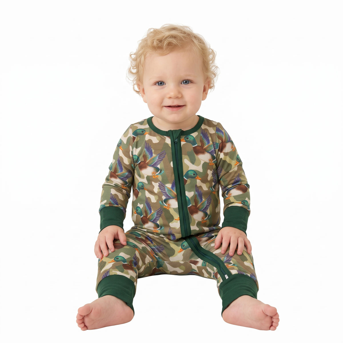 NO MOQ RTS LR3249(1) Baby Boy Clothes Mallard Duck Camo Full Print Long Sleeve Zipper Romper 202609