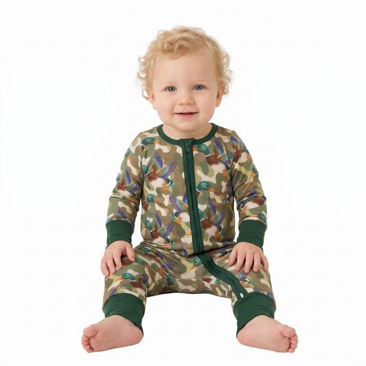 NO MOQ RTS LR3249(1) Baby Boy Clothes Mallard Duck Camo Full Print Long Sleeve Zipper Romper 202609