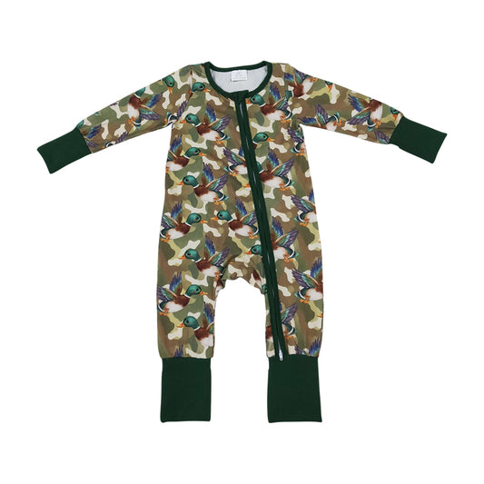 NO MOQ RTS LR3249 Baby Boy Clothes Mallard Duck Camo Print Long Sleeve Zipper Romper 202610