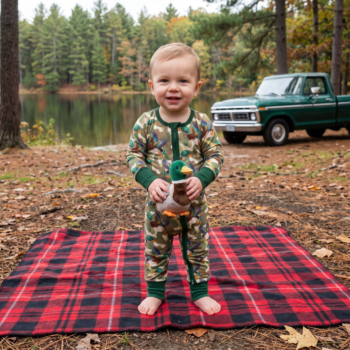 NO MOQ RTS LR3249(1) Baby Boy Clothes Mallard Duck Camo Full Print Long Sleeve Zipper Romper 202609