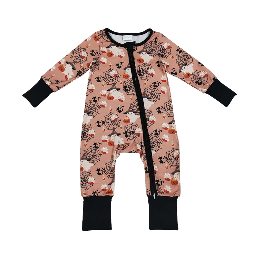NO MOQ LR3250 Halloween Ghost Zipper Romper | Spider Web Pumpkin Baby