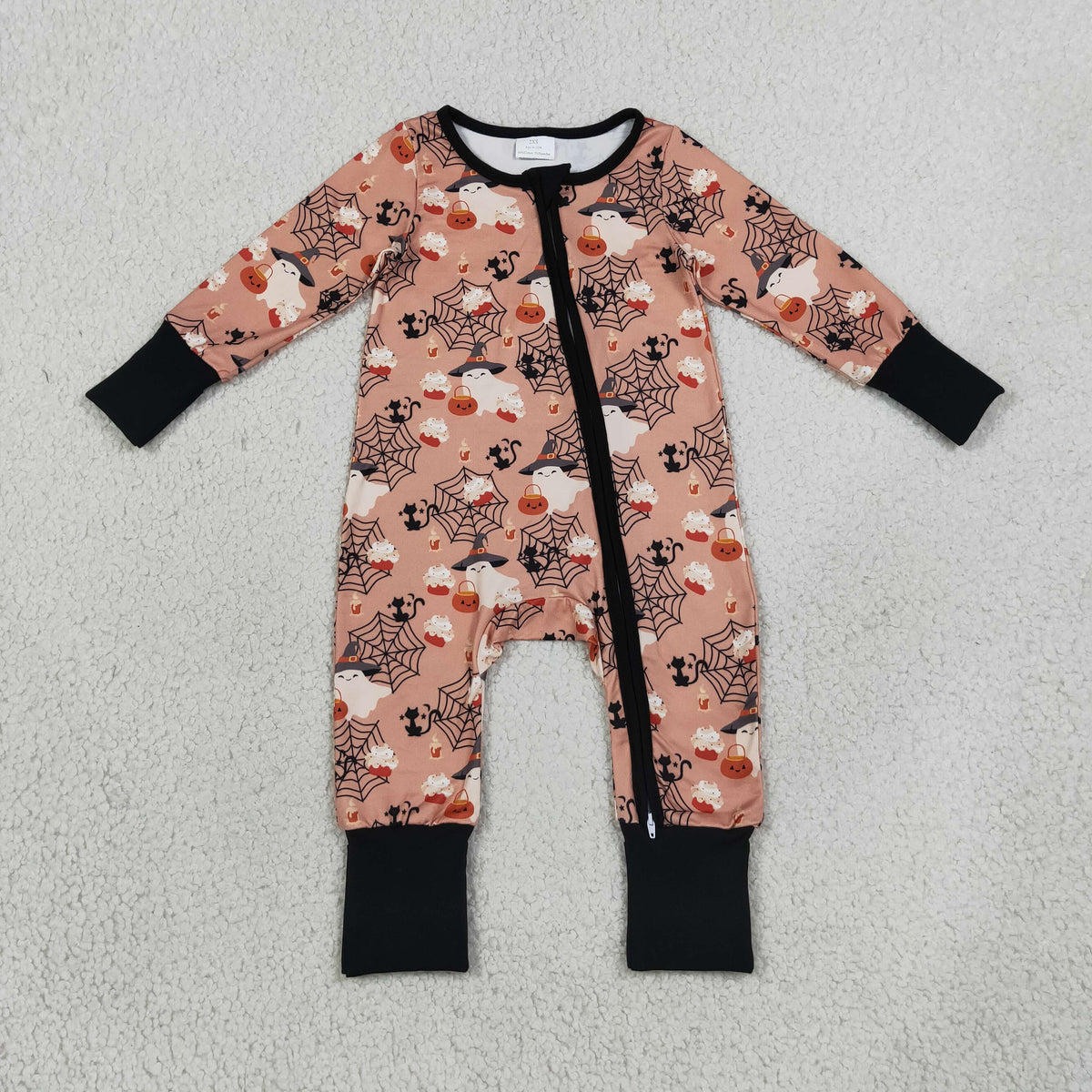 NO MOQ LR3250 Halloween Ghost Zipper Romper | Spider Web Pumpkin Baby