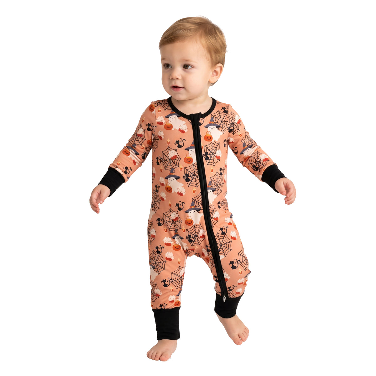 NO MOQ LR3250 Halloween Ghost Zipper Romper | Spider Web Pumpkin Baby