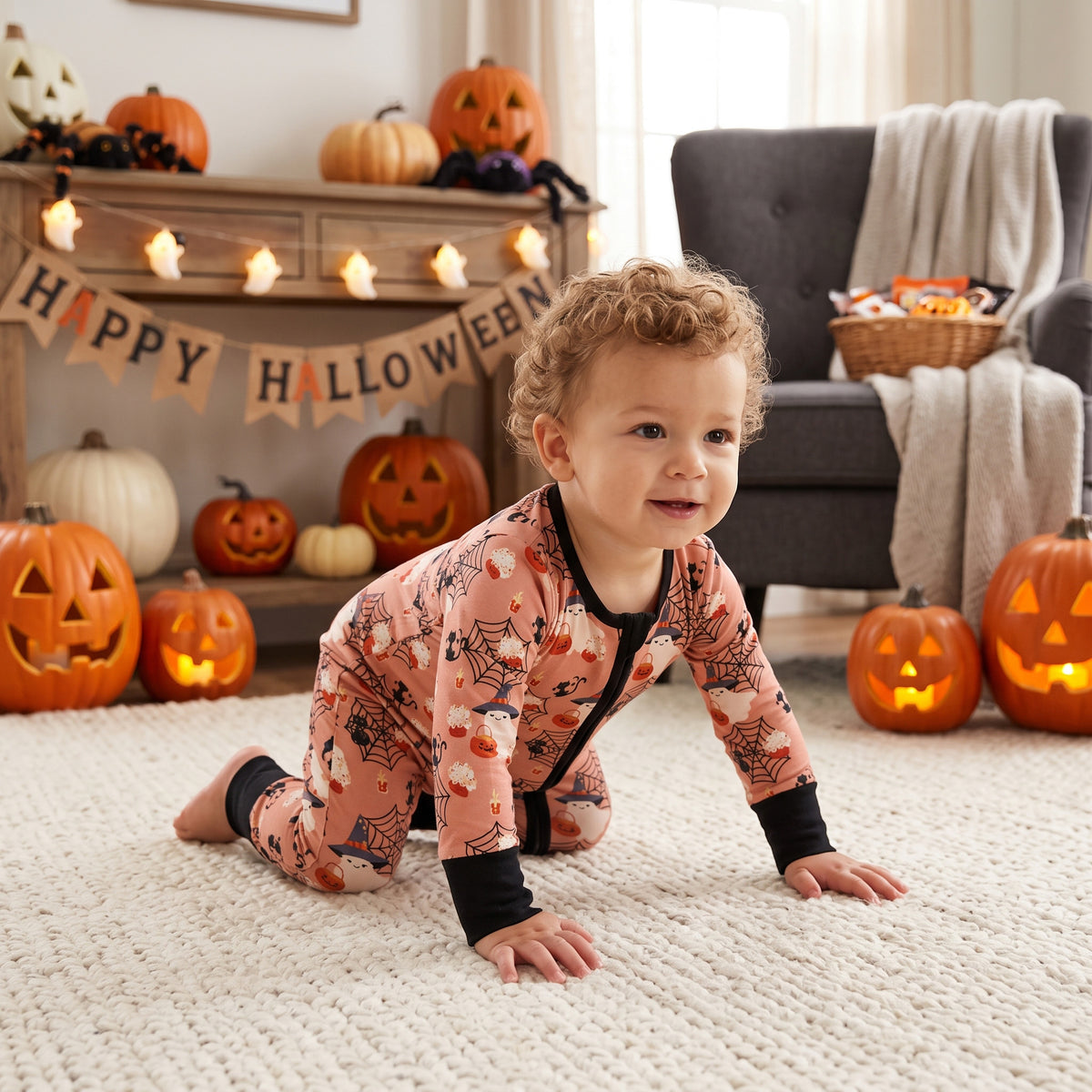 NO MOQ LR3250 Halloween Ghost Zipper Romper | Spider Web Pumpkin Baby