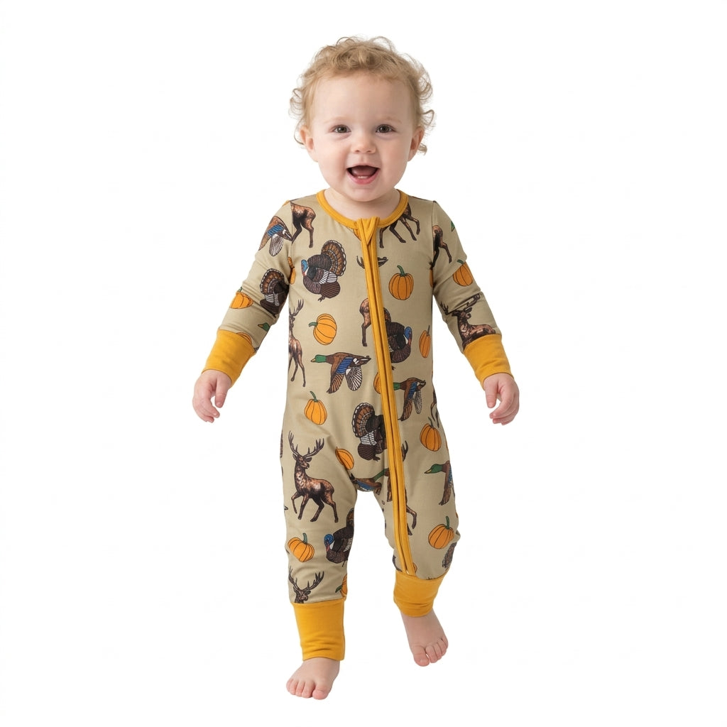 NO MOQ RTS LR3251 (2) Baby Boy Clothes Deer Turkey Duck Pumpkin Hunting Print Long Sleeve Zipper Romper 202609