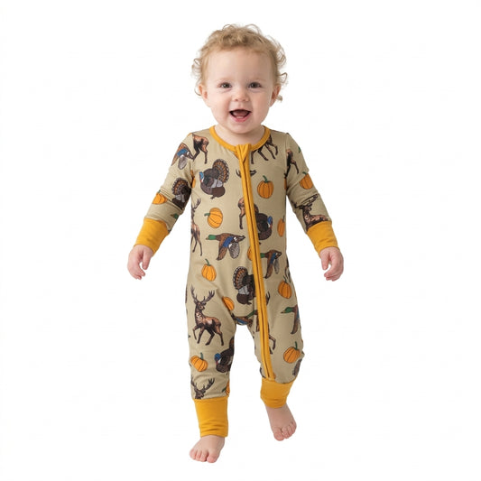 NO MOQ RTS LR3251 (2) Baby Boy Clothes Deer Turkey Duck Pumpkin Hunting Print Long Sleeve Zipper Romper 202609