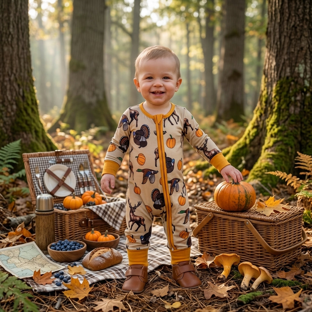 NO MOQ RTS LR3251 (2) Baby Boy Clothes Deer Turkey Duck Pumpkin Hunting Print Long Sleeve Zipper Romper 202609