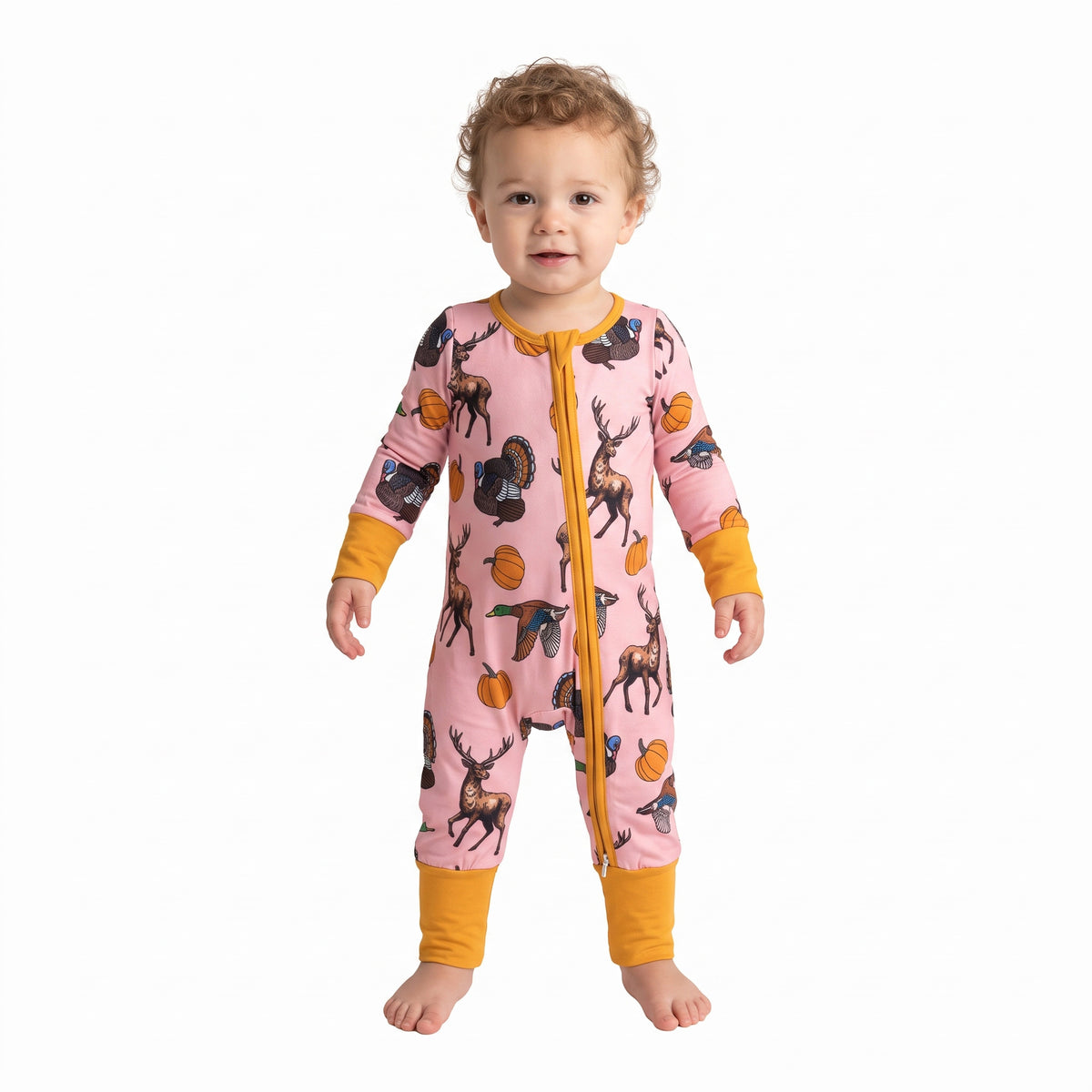 NO MOQ RTS LR3252(2) Baby Clothes Thanksgiving Turkey Deer Pumpkin Duck Print Long Sleeve Zipper Romper 202609