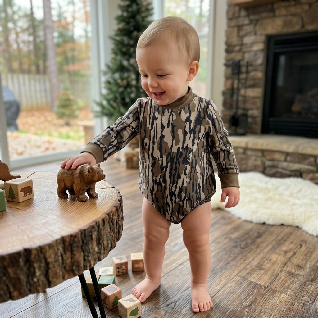 NO MOQ RTS LR3259 Baby Boy Clothes Brown Tree Camo Print Long Sleeve Bubble Romper 202610