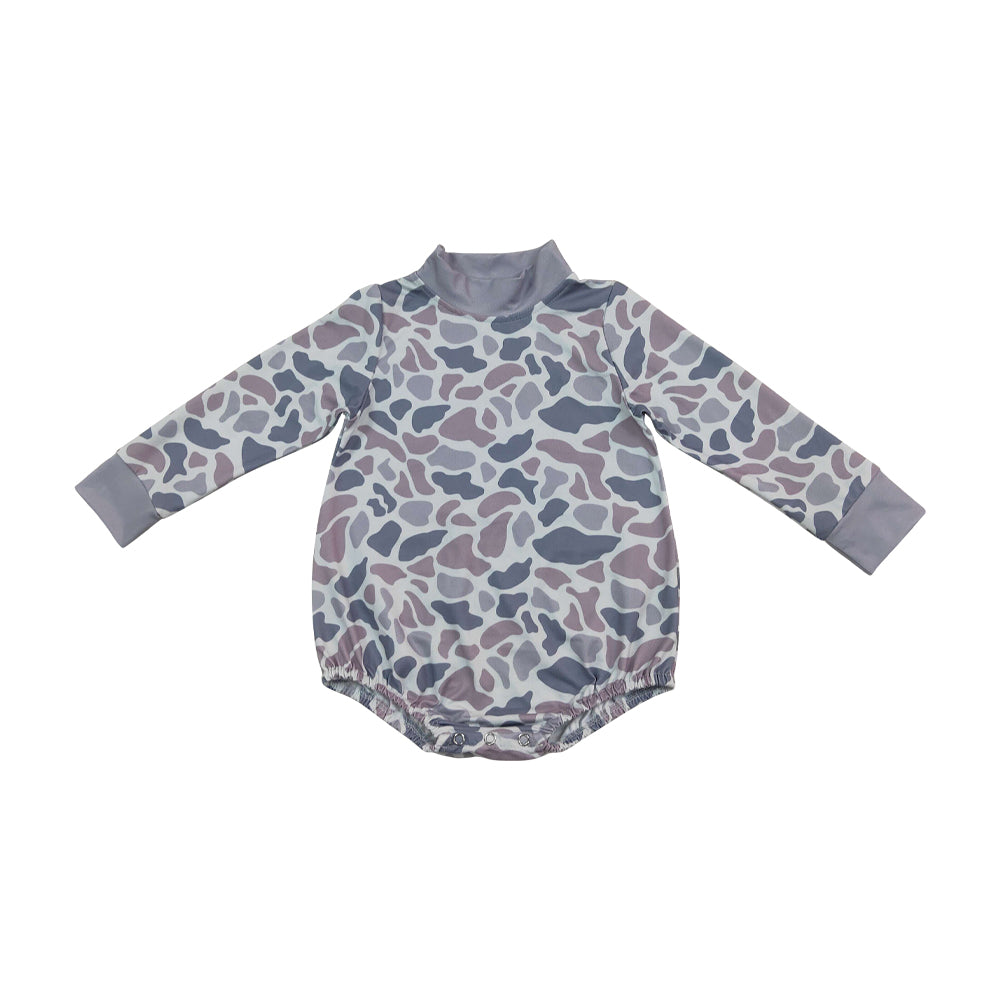 NO MOQ RTS LR3260 Baby Boy Clothes Grey Purple Camo Print Long Sleeve Mock Neck Bubble Romper 202610