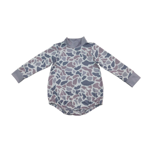 NO MOQ RTS LR3260 Baby Boy Clothes Grey Purple Camo Print Long Sleeve Mock Neck Bubble Romper 202610