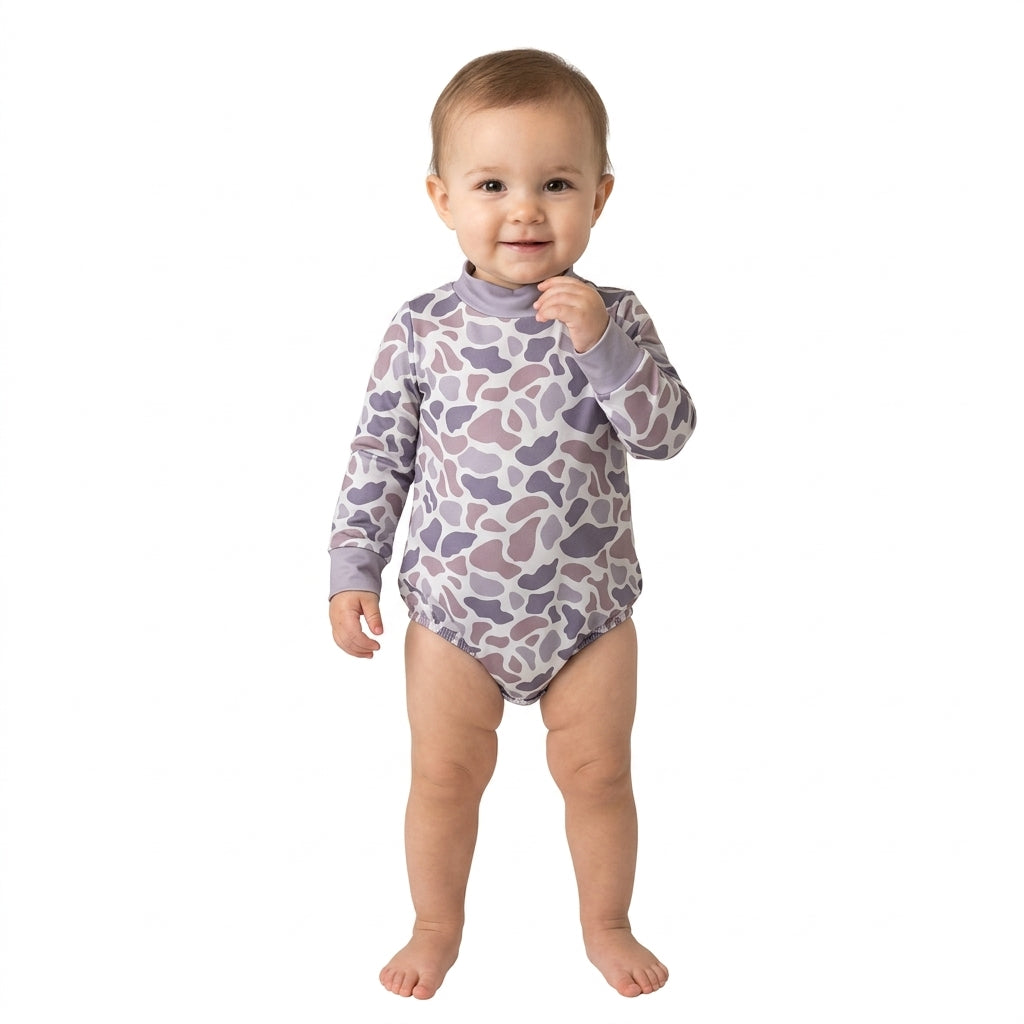 NO MOQ RTS LR3260 (2) Baby Girl Clothes Purple Camo Print Long Sleeve Mock Neck Bodysuit 202609