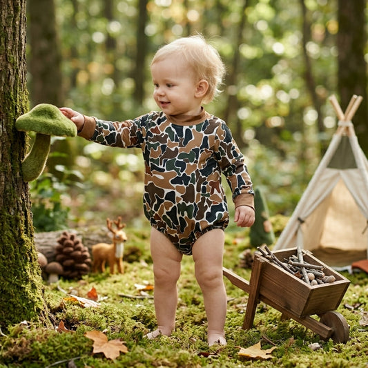 NO MOQ RTS LR3261 Baby Boy Clothes Green Brown Camo Print Long Sleeve Mock Neck Bubble Romper 202610