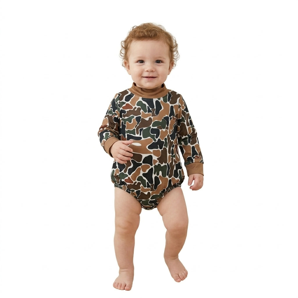 NO MOQ RTS LR3261 Baby Boy Clothes Green Brown Camo Print Long Sleeve Mock Neck Bubble Romper 202610