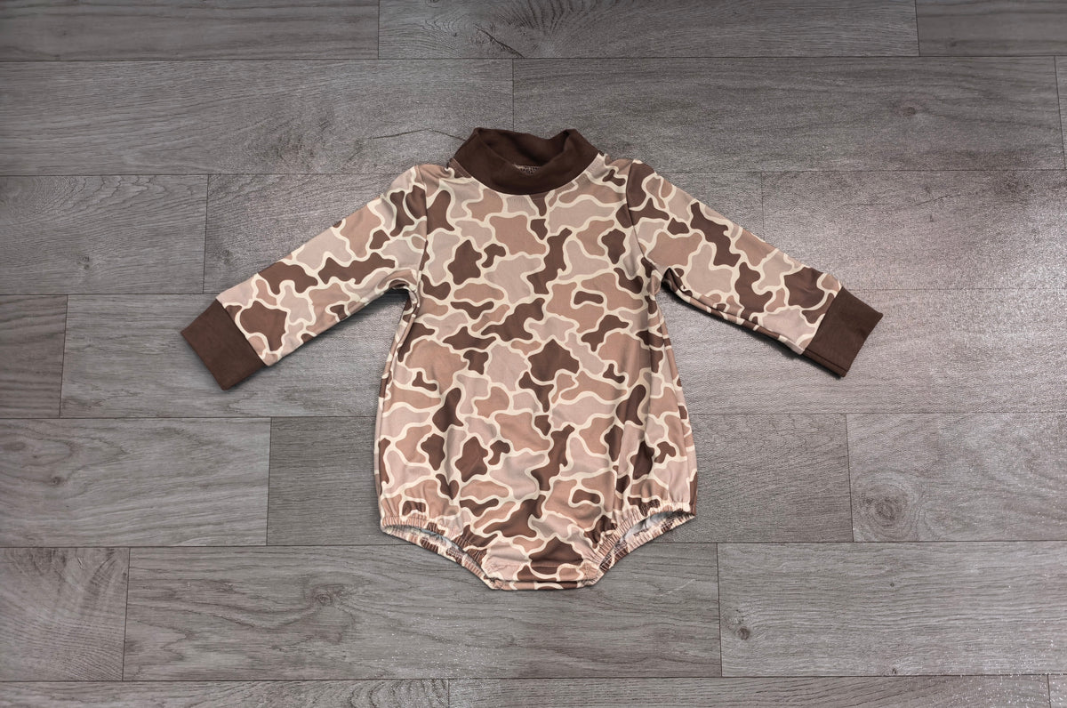 Sample-Real Pics LR3263 Baby Boy Clothes Brown Camo Print Long Sleeve Mock Neck Bubble Romper