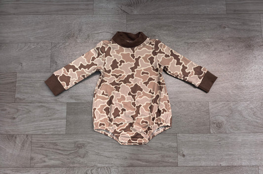 Sample-Real Pics LR3263 Baby Boy Clothes Brown Camo Print Long Sleeve Mock Neck Bubble Romper