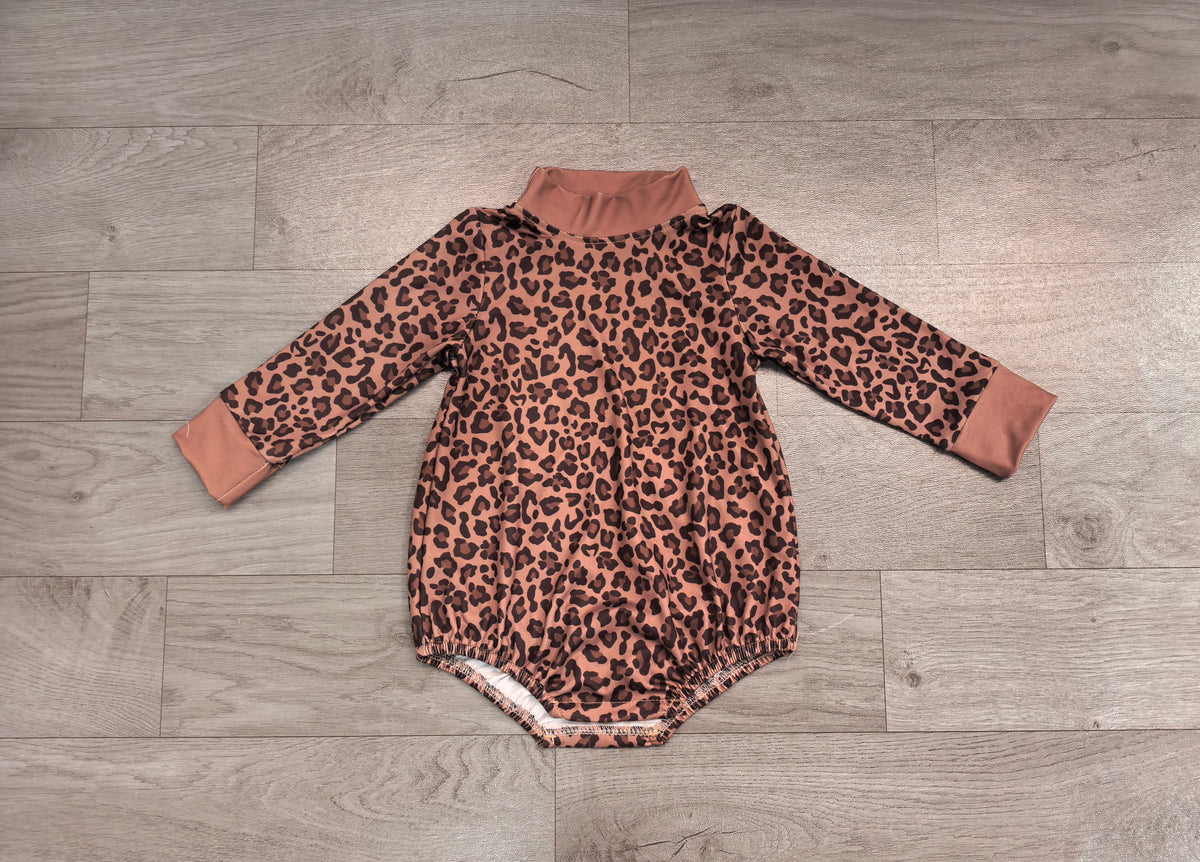 Sample-Real Pics LR3264 Baby Girl Clothes Leopard Print Long Sleeve Mock Neck Bubble Romper