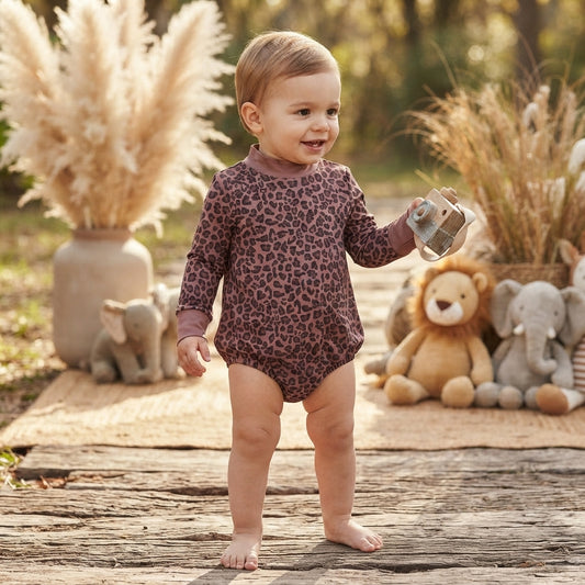 NO MOQ RTS LR3264 Baby Girl Clothes Brown Leopard Allover Print Long Sleeve Mock Neck Bubble Romper 202610