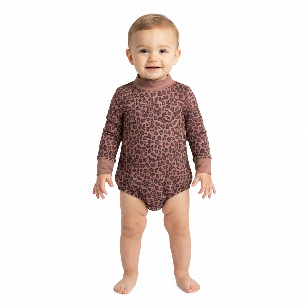 NO MOQ RTS LR3264 Baby Girl Clothes Brown Leopard Allover Print Long Sleeve Mock Neck Bubble Romper 202610