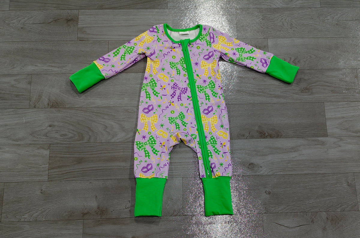 Sample-Real Pics LR3268 Baby Girl Clothes Mardi Gras Bow Mask Mixed Print Long Sleeve Zipper Romper