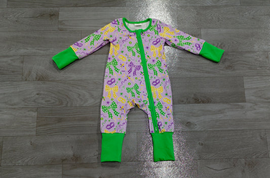 Sample-Real Pics LR3268 Baby Girl Clothes Mardi Gras Bow Mask Mixed Print Long Sleeve Zipper Romper