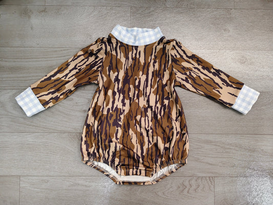 Sample-Real Pics LR3279 Baby Boy Clothes Tree Bark Camo Mixed Print Long Sleeve Gingham Cuff Mock Neck Baby Romper