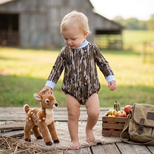 NO MOQ RTS LR3279 Baby Boy Clothes Tree Bark Camo Print Long Sleeve Blue Gingham Mock Neck Bubble Romper 202610