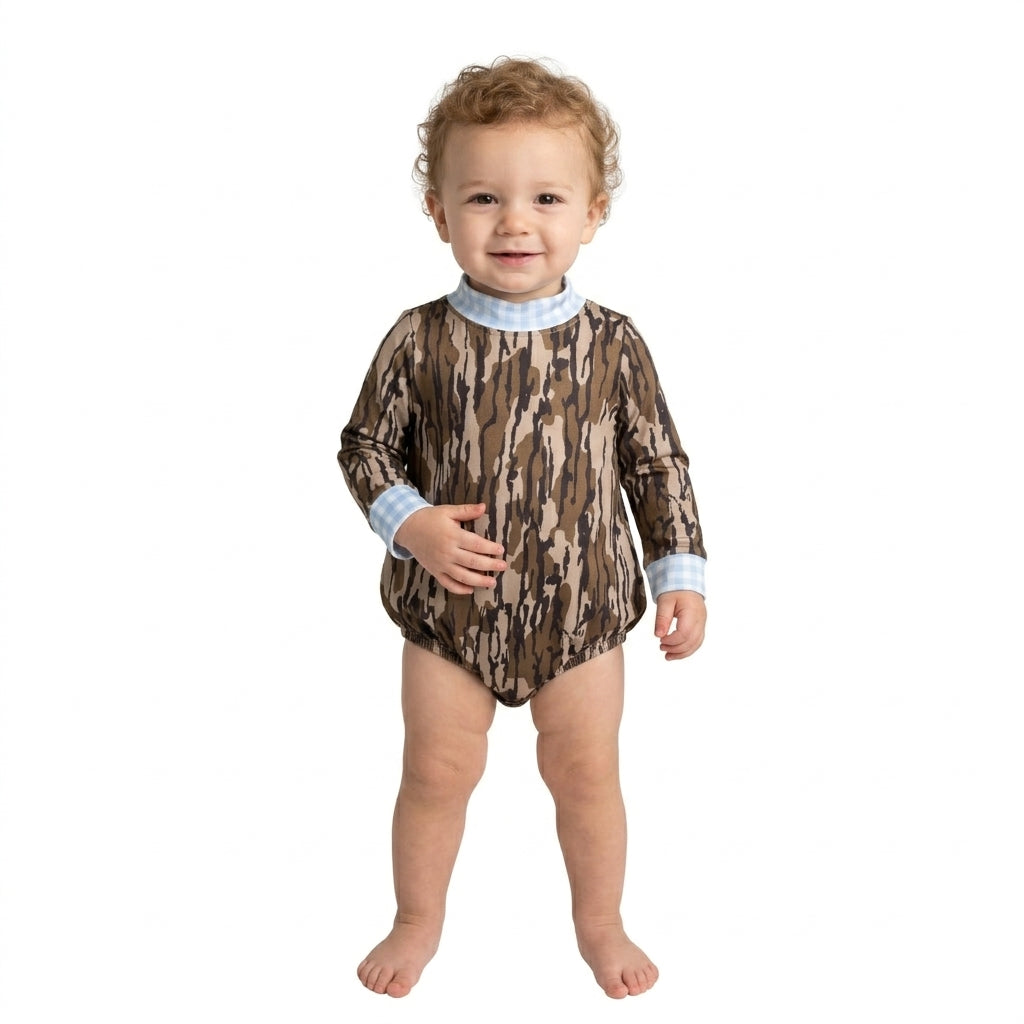 NO MOQ RTS LR3279 Baby Boy Clothes Tree Bark Camo Print Long Sleeve Blue Gingham Mock Neck Bubble Romper 202610
