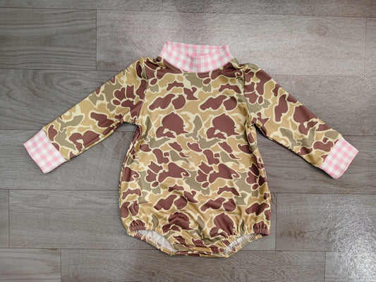 Sample-Real Pics LR3280 Baby Boy Clothes Duck Camo Mixed Print Long Sleeve Pink Gingham Cuff Mock Neck Baby Romper
