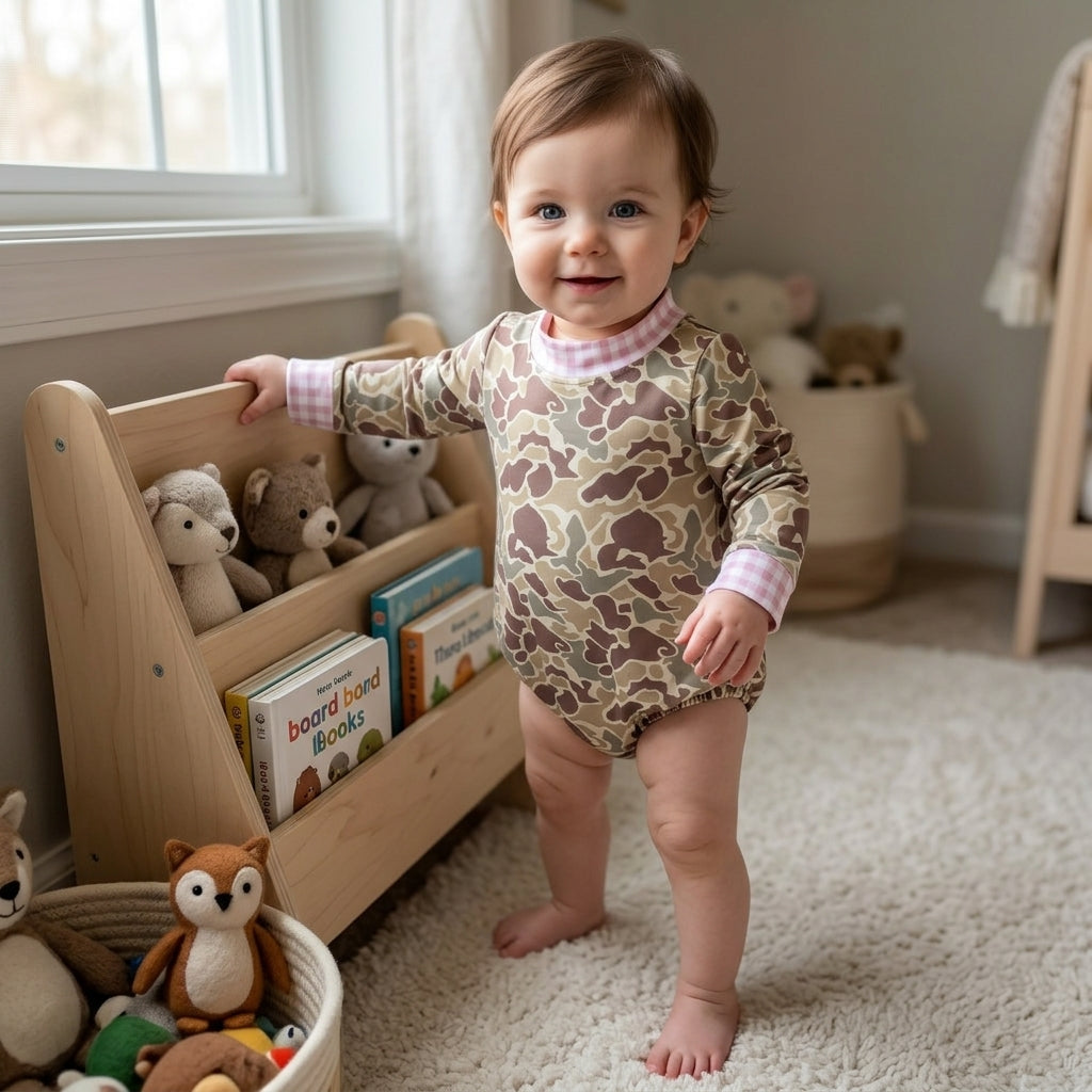 NO MOQ RTS LR3280 Baby Girl Clothes Neutral Camo Pink Gingham Trim Print Long Sleeve Bubble Romper 202610