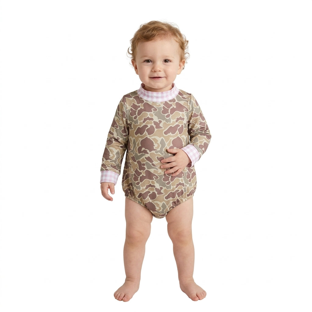 NO MOQ RTS LR3280 Baby Girl Clothes Neutral Camo Pink Gingham Trim Print Long Sleeve Bubble Romper 202610