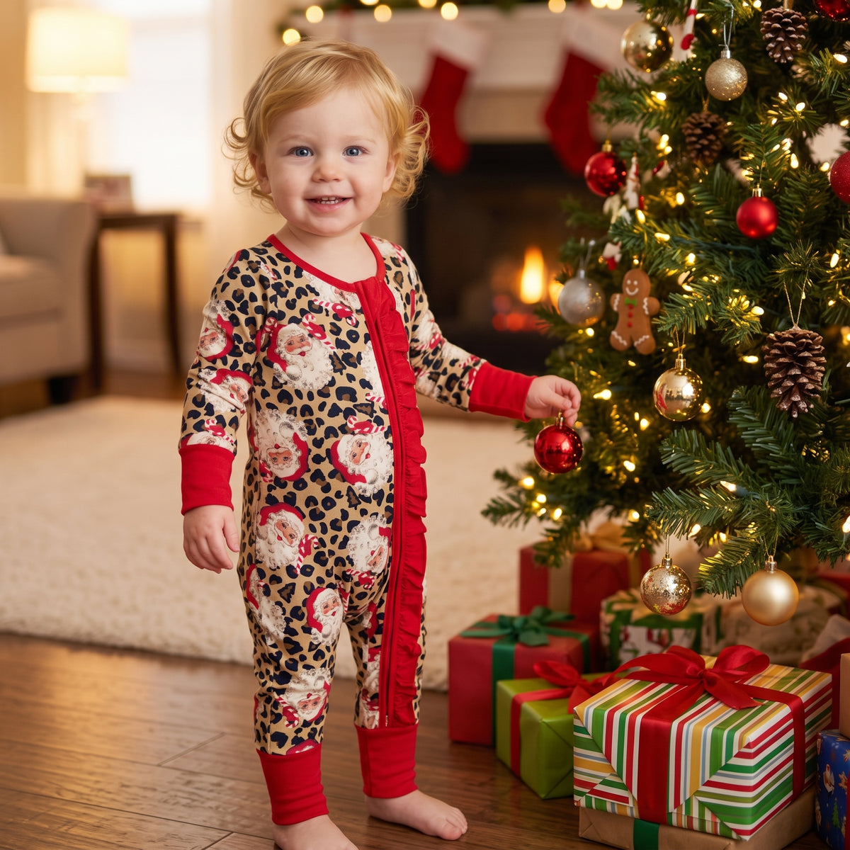 NO MOQ RTS LR3302 Baby Girl Clothes Leopard Santa Claus Print Long Sleeve Zipper Romper 202610