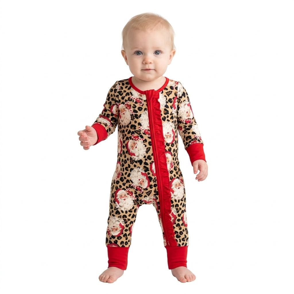 NO MOQ RTS LR3302 Baby Girl Clothes Leopard Santa Claus Print Long Sleeve Zipper Romper 202610