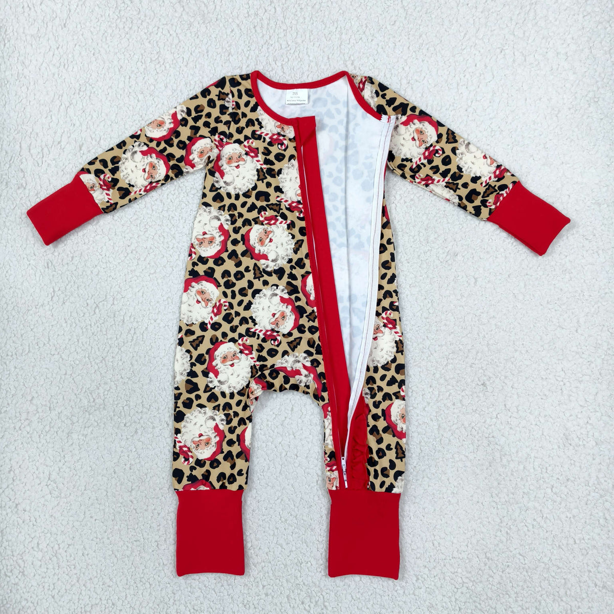 NO MOQ RTS LR3302 Baby Girl Clothes Leopard Santa Claus Print Long Sleeve Zipper Romper 202610