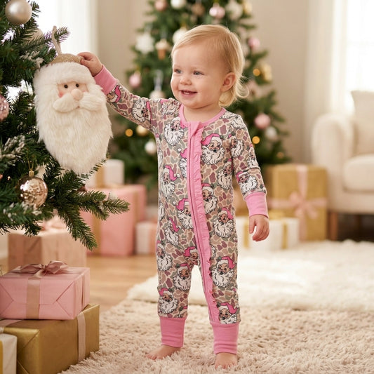NO MOQ RTS LR3305 Baby Girl Clothes Santa Cow Camo Mixed Print Long Sleeve Zipper Ruffle Sleeper Romper 202610