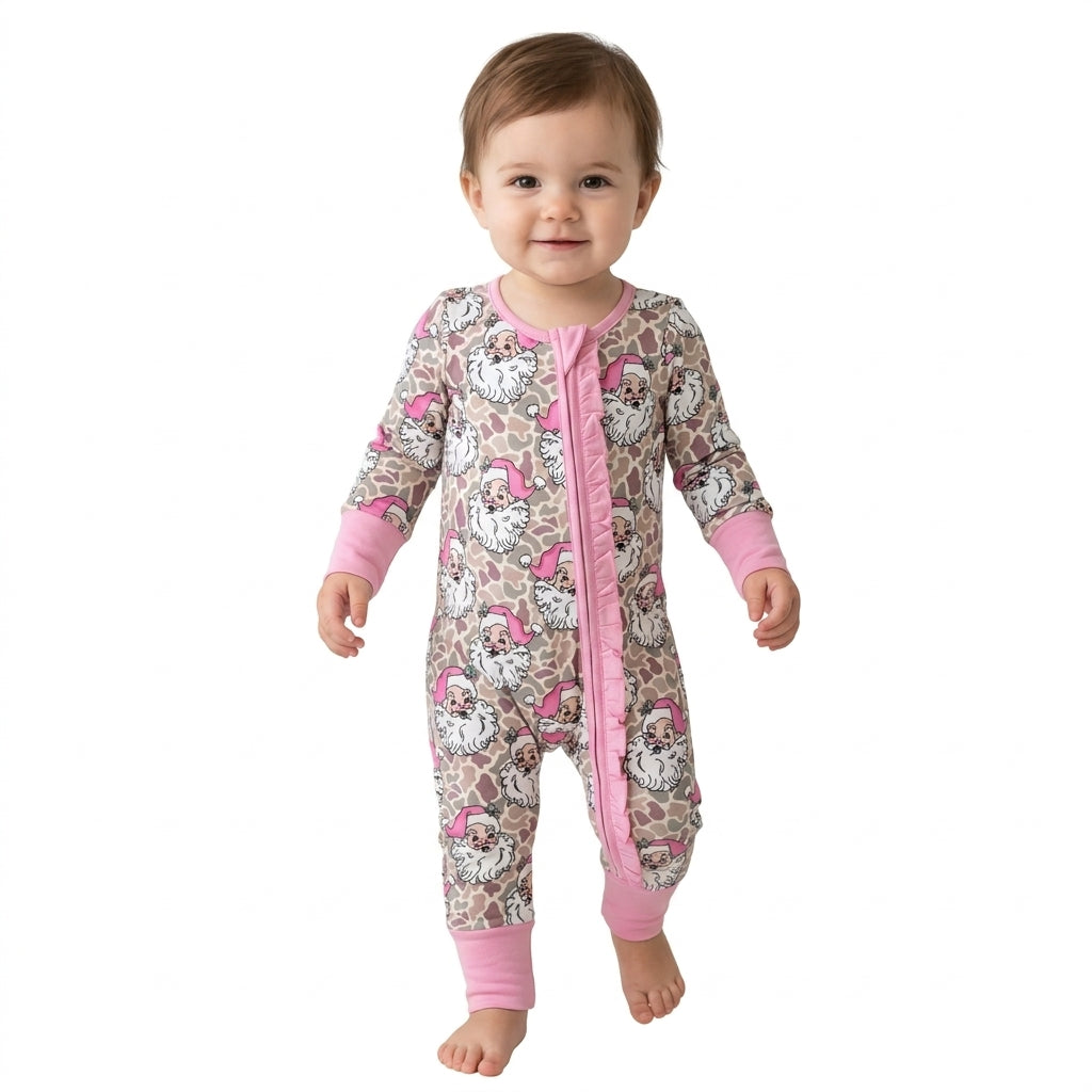 NO MOQ RTS LR3305 Baby Girl Clothes Santa Cow Camo Mixed Print Long Sleeve Zipper Ruffle Sleeper Romper 202610