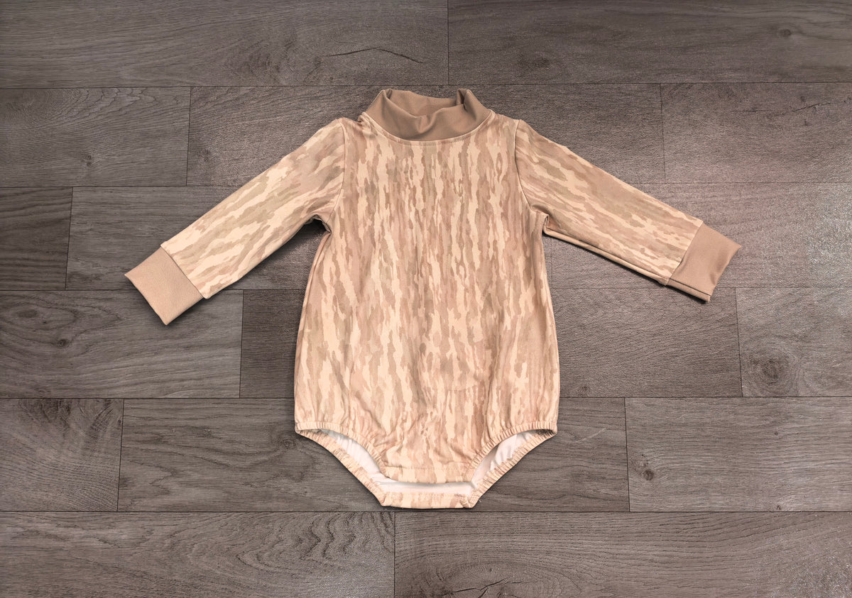 Sample-Real Pics LR3306 Baby Boy Clothes Light Beige Camo Print Long Sleeve Mock Neck Bubble Romper
