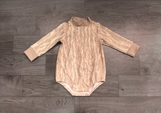 Sample-Real Pics LR3306 Baby Boy Clothes Light Beige Camo Print Long Sleeve Mock Neck Bubble Romper