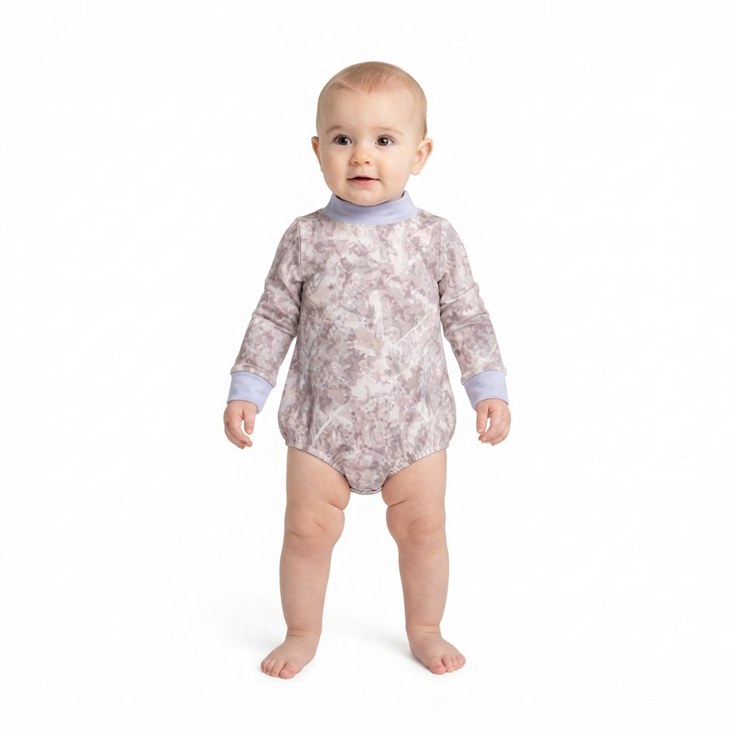 NO MOQ RTS LR3307-yoga Baby Girl Clothes Neutral Camo Allover Print Long Sleeve Mock Neck Bubble Romper 202609