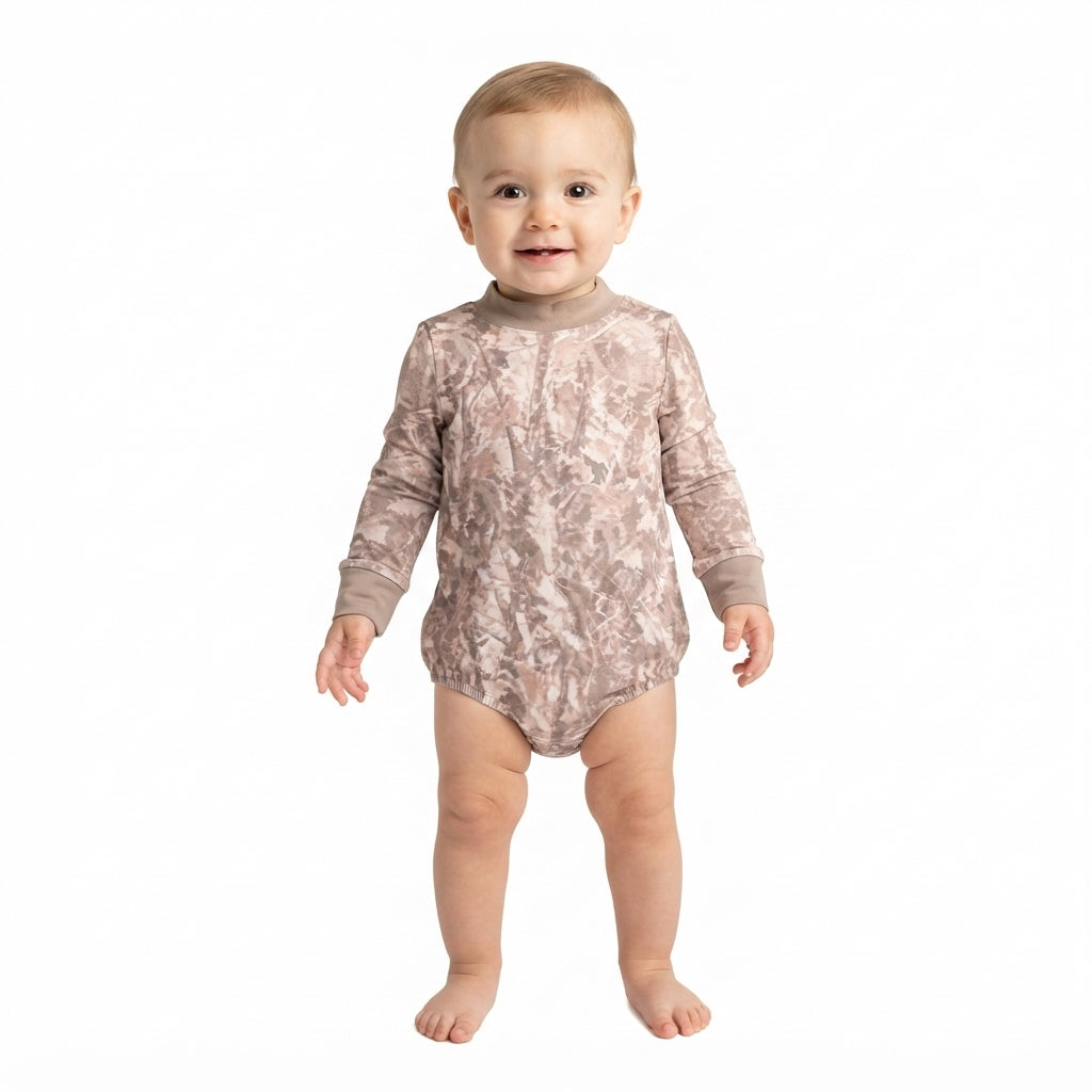 NO MOQ RTS LR3308 (2) Baby Clothes Neutral Camo Allover Print Long Sleeve Mock Neck Bubble Romper 202610