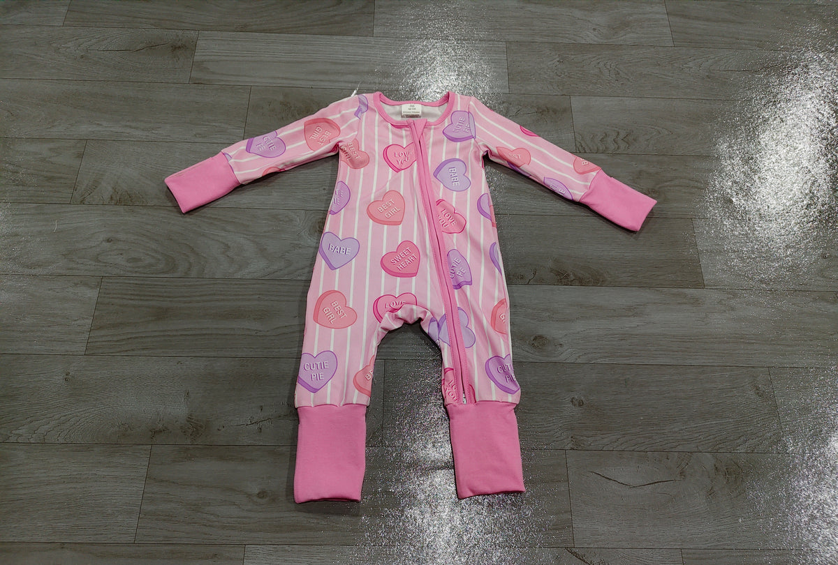 LR3325 Baby Girl Clothes Striped Candy Heart Text Mixed Print Long Sleeve Zipper Romper