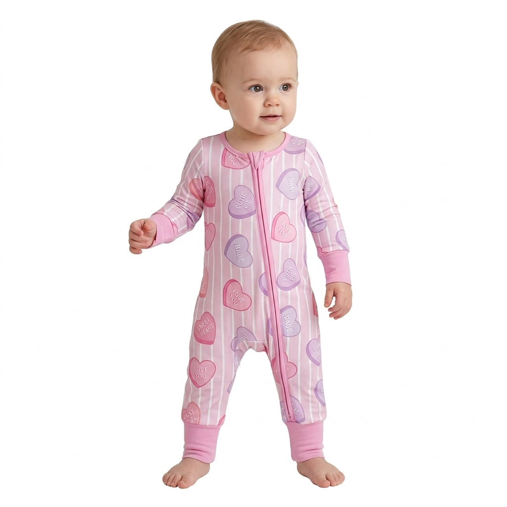 NO MOQ RTS LR3325 Baby Girl Clothes Pink Heart Stripe Mixed Print Long Sleeve Zipper Baby Romper 202610