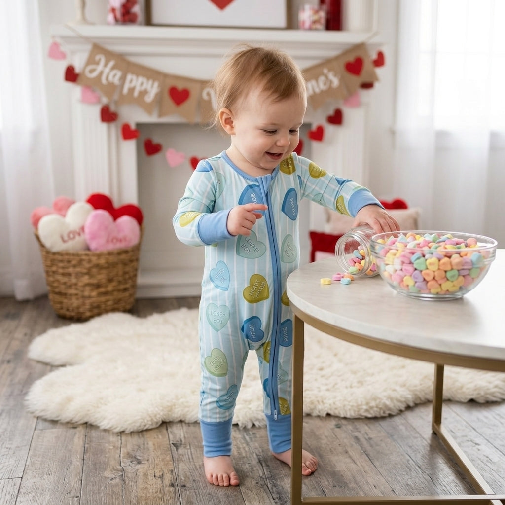 NO MOQ RTS LR3326 Baby Boy Clothes Candy Heart Stripe Print Long Sleeve Zipper Romper 202610