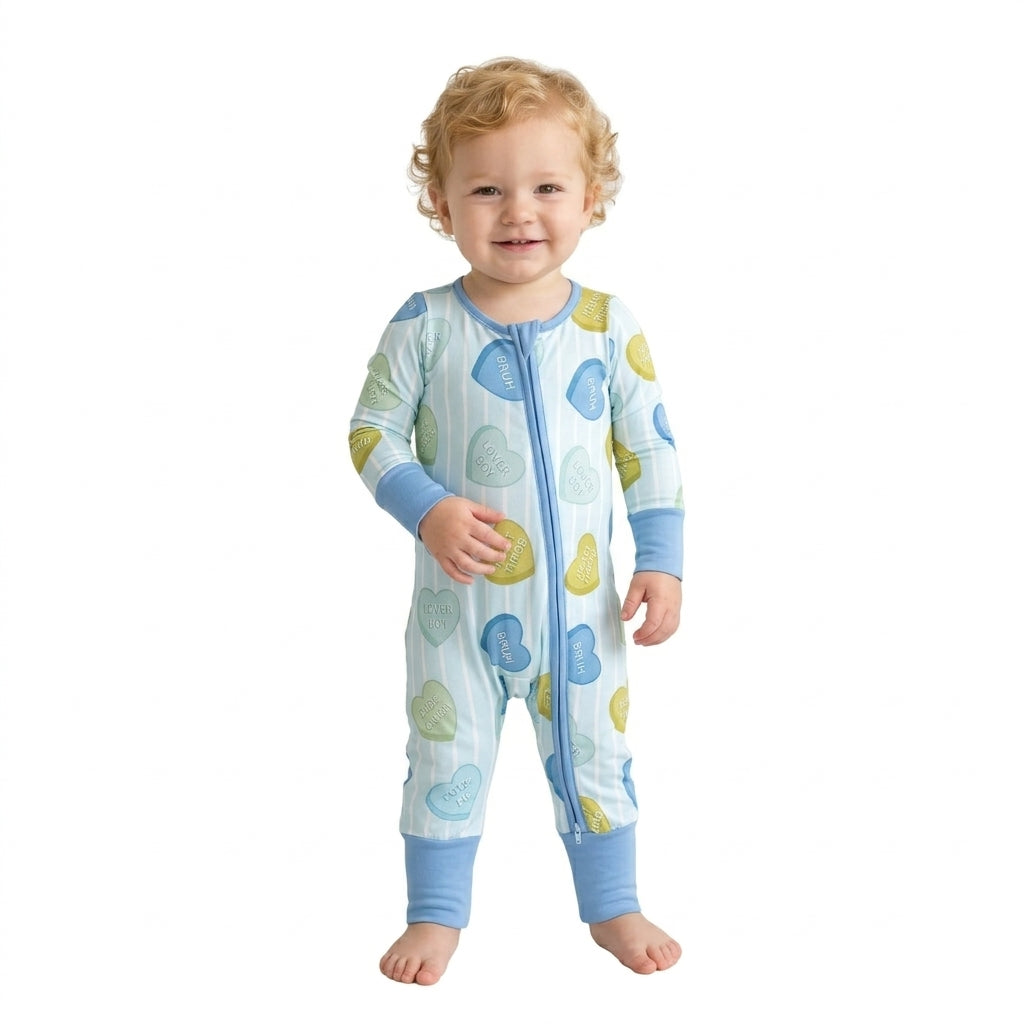 NO MOQ RTS LR3326 Baby Boy Clothes Candy Heart Stripe Print Long Sleeve Zipper Romper 202610