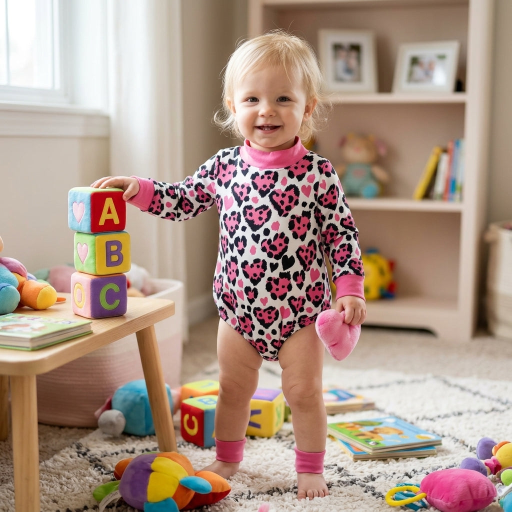 NO MOQ RTS LR3332 Baby Girl Clothes Pink Heart Leopard Mixed Print Long Sleeve Mock Neck Bubble Romper 202610